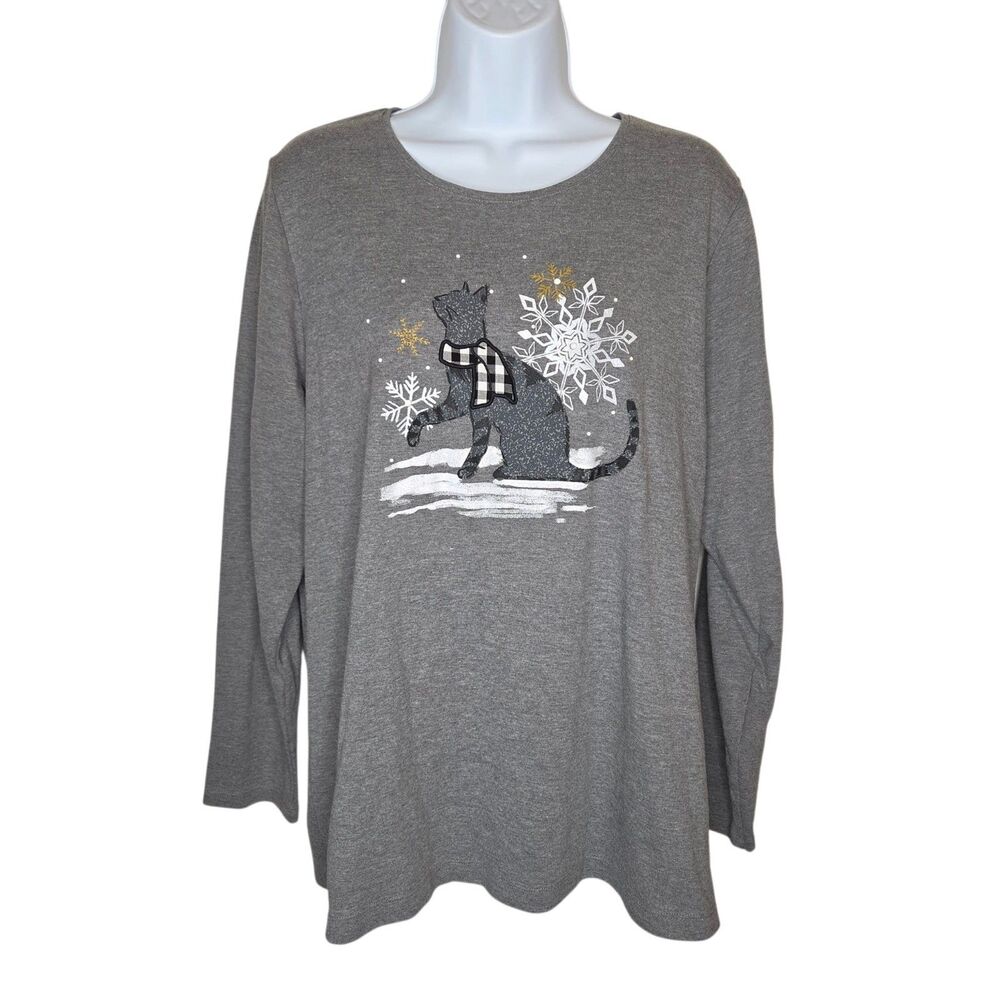 Croft & Barrow Women's Plus 1X Gray Winter Cat & Snowflake Long Sleeve Top